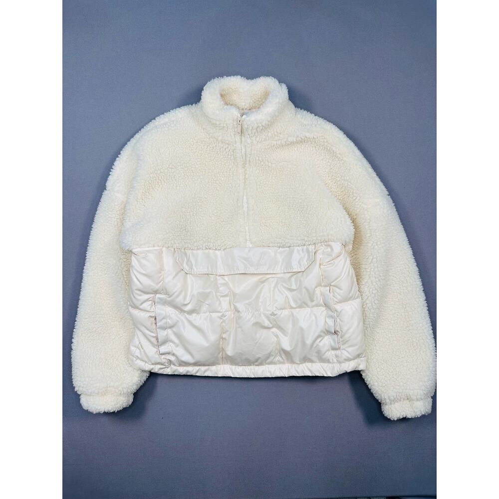 Fabletics Cream Sherpa and Satin Cropped Quarter Zip Pullover Size Small
